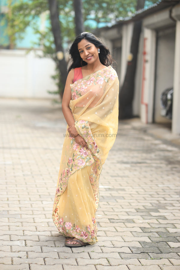Pearl- Butter Yellow Embroidery Saree