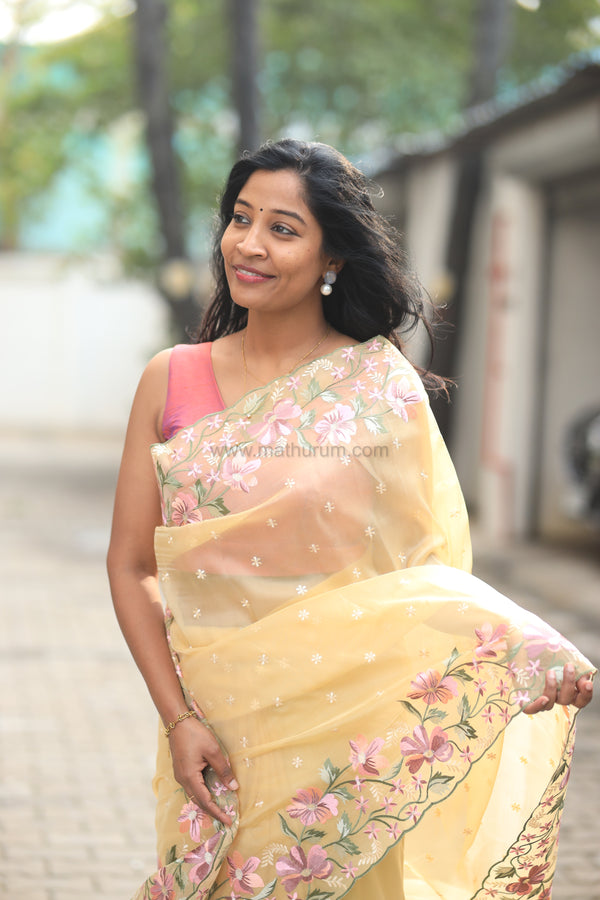 Pearl- Butter Yellow Embroidery Saree