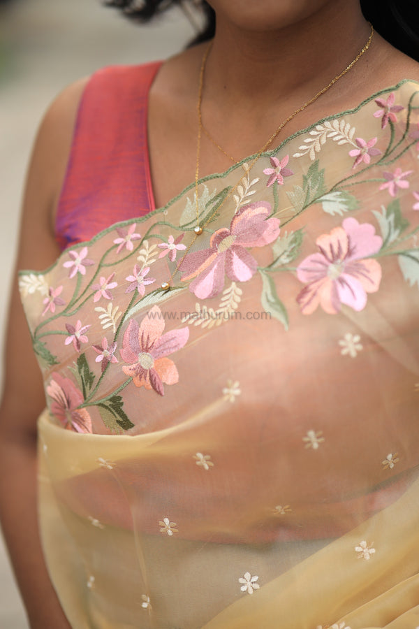 Pearl- Butter Yellow Embroidery Saree