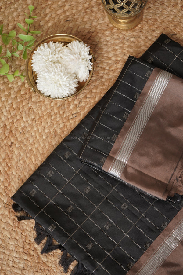 Maya Black Semi-Silk - Silver Checks Saree