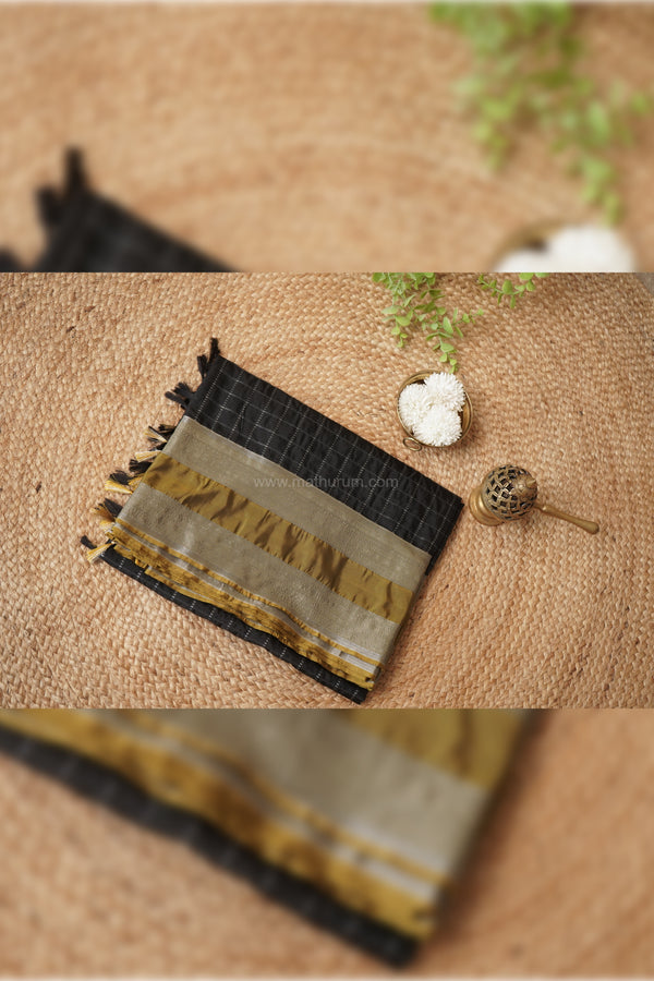 Maya Semi-Silk Silver Checks Double Border Saree