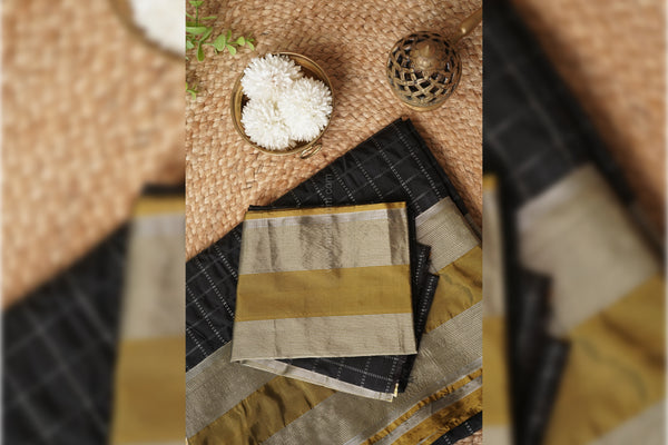 Maya Semi-Silk Silver Checks Double Border Saree