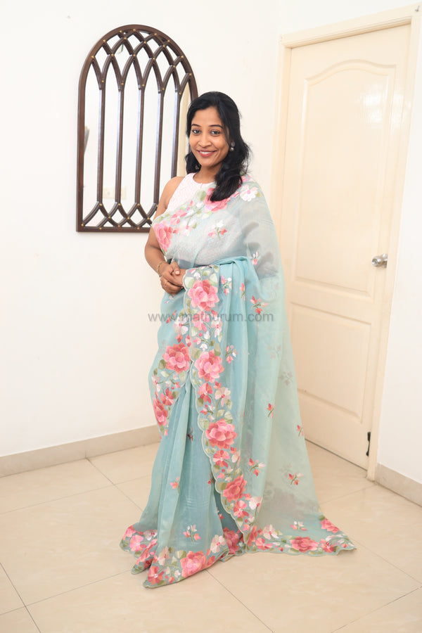 Carol- Ice Blue Embroidery Saree