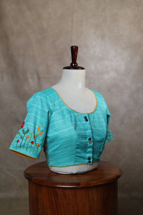 Orchids- Blue&Green Blouse Embroidery (Elbow Sleeve)