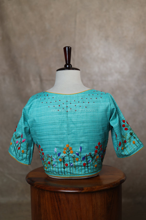 Orchids- Blue&Green Blouse Embroidery (Elbow Sleeve)