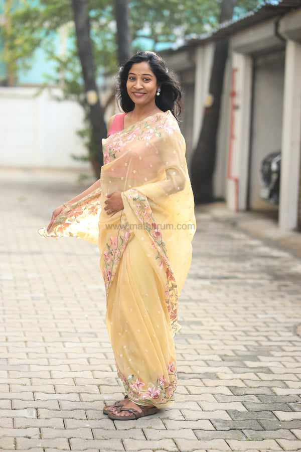 Pearl- Butter Yellow Embroidery Saree