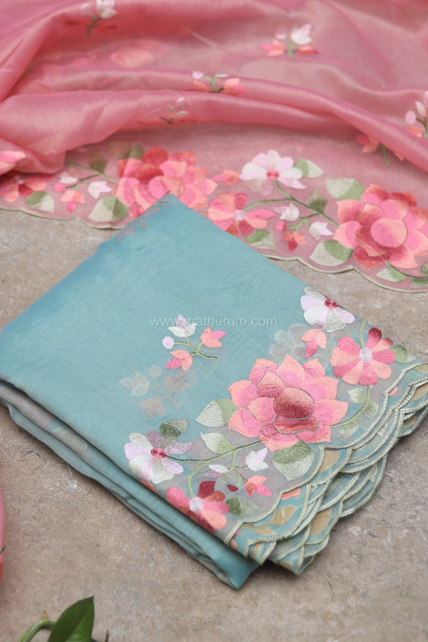 Carol- Ice Blue Embroidery Saree